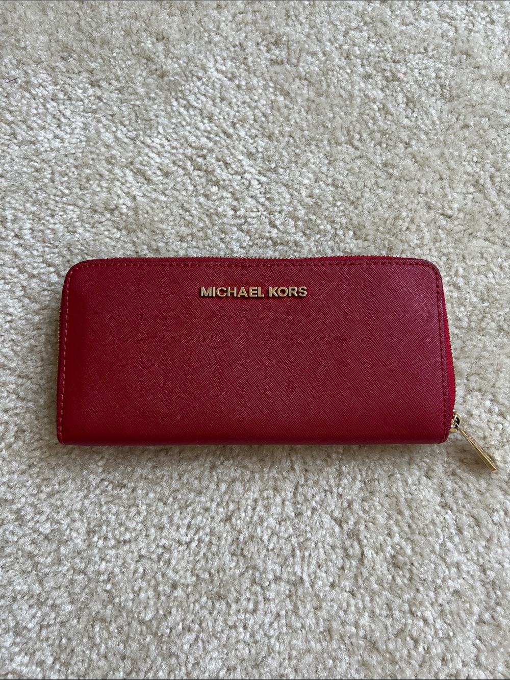 Michael Kors Red Saffiano Zip Wallet with Gold Logo